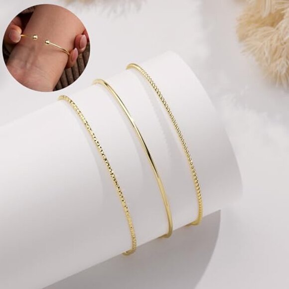 Dainty Thin Gold Bangle Cuff Bracelet Set Stackable Minimalist Jewelry - Picture 6 of 8